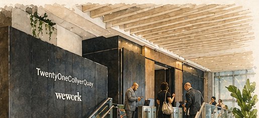 Aquarell des Eingangs zum WeWork an der 21 Collyer Quay in Singapur, mit dem Schriftzug TwentyOneCollyerQuay an der dunklen Steinwand.